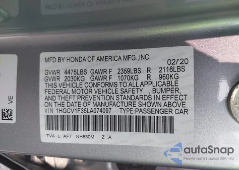 2020 Honda Accord Sport from USA, damaged, VIN 1HGCV1F35LA074097